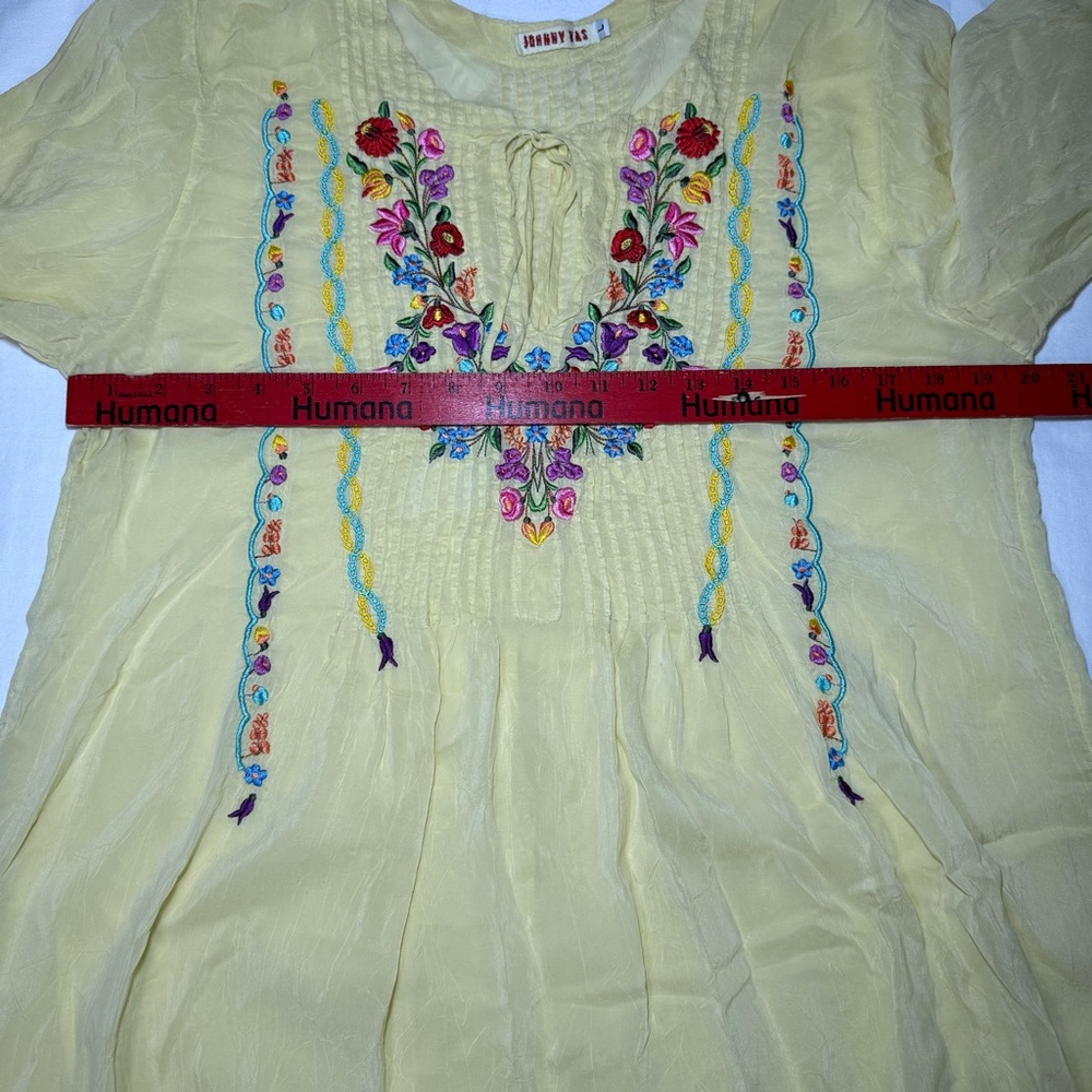 Johnny Was Yellow Embroidered Boho Tunic Cupra Rayon Size Large Festival Peasant - Picture 6 of 9